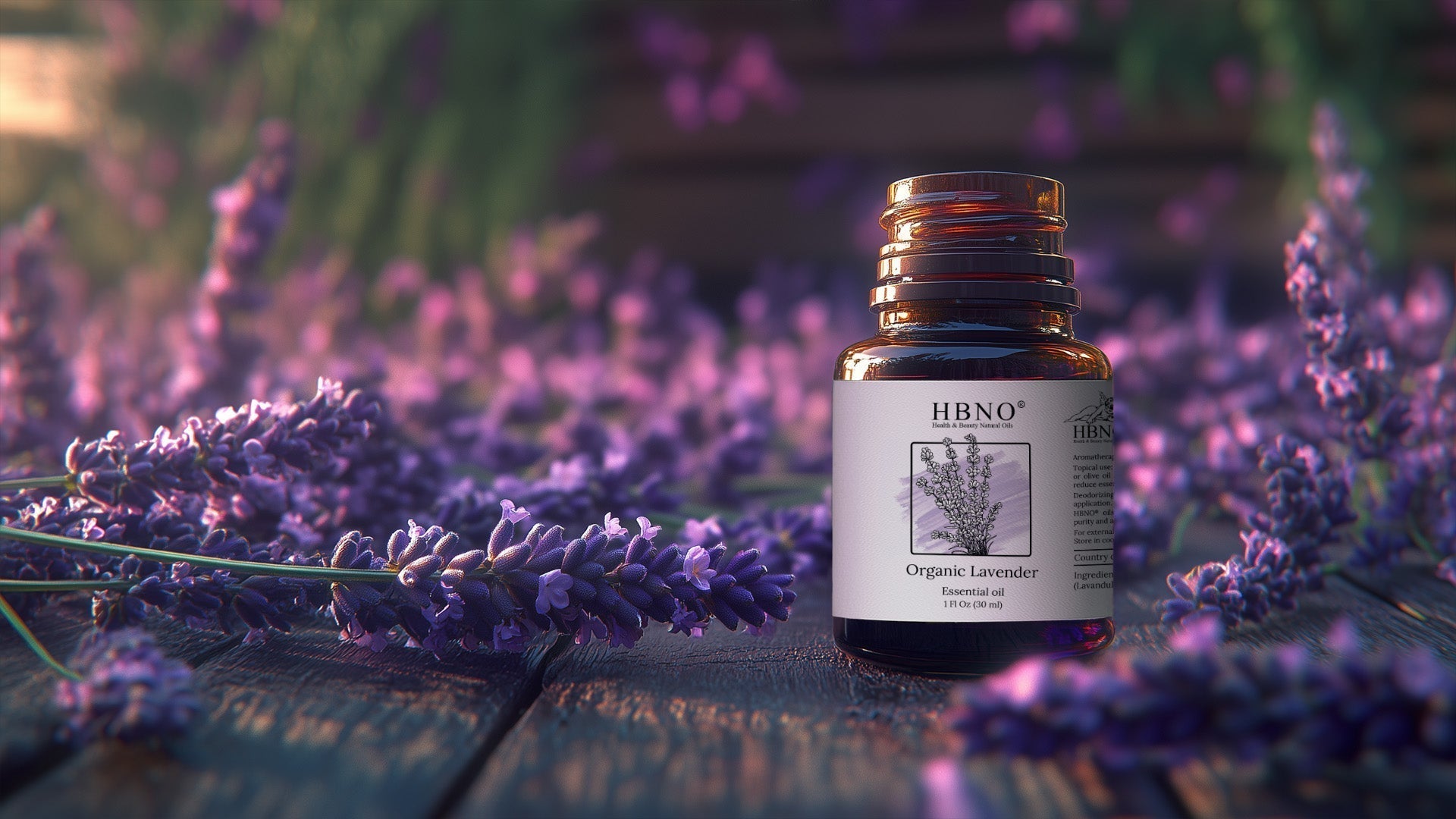 Open bottle with lavender oil inside surrounded with lavender leaves