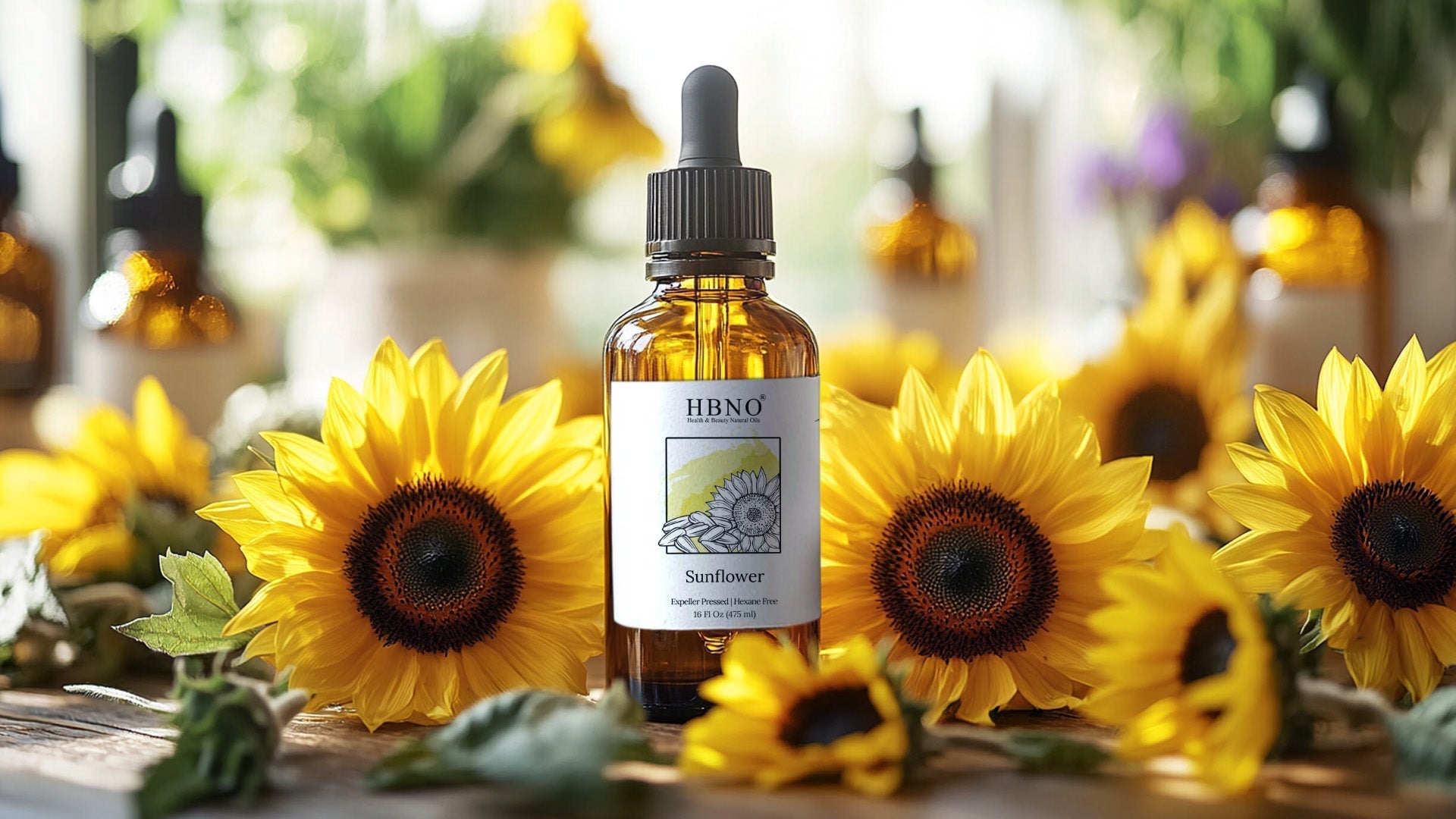 Sunflower Oil in a bottle along with the sunflower plant